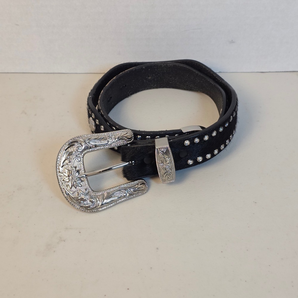 3D Belt DDD Womens 30 Black Leather Western Hair on Hide Rhinestone Studded Belt